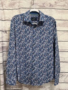 Society of Threads Navy Blue Floral Slim Fit Shirt - size M